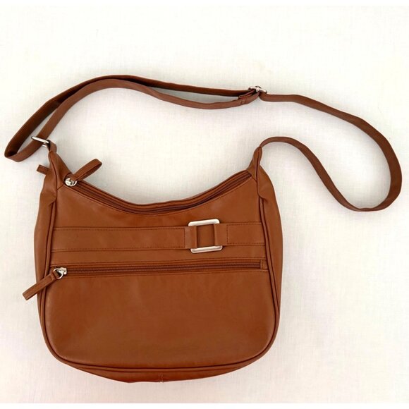 Brown Faux Leather Crossbody Bag Adjustable Strap Multi Compartment Purse - Picture 3 of 15